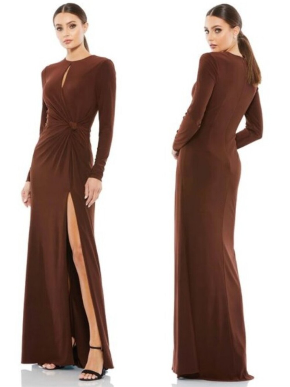 Ieena for Mac Duggal Long Sleeve Keyhole Draped Gown Chocolate Brown 12